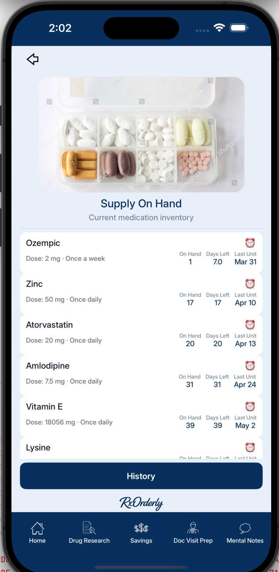 Supply On Hand screen